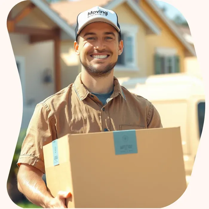 Two removalists moving boxes up stairs