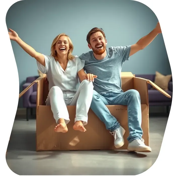 Two guys sitting on the floor of their apartment with Muval moving boxes